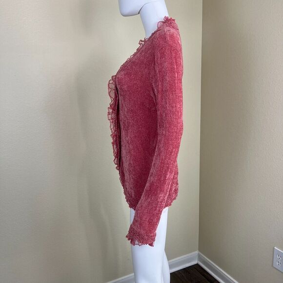 Boston Proper Women's Size S Pink Ruffle Terry Cloth Cardigan Sweater Victorian - Picture 6 of 15